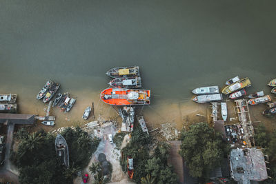 High angle view of cars on shore