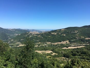 Scenic view of field against clear blue sky