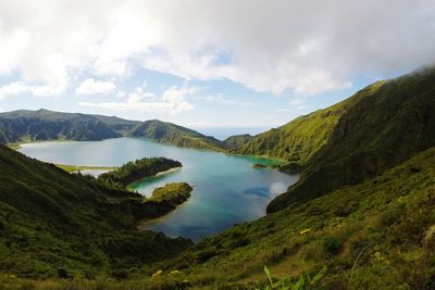 Scenic view of lake and mountains against sky