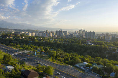 High angle view of buildings against sky