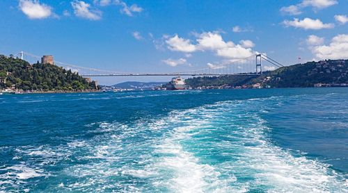 View of suspension bridge over sea