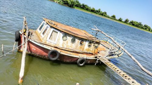 High angle view of abandoned ship moored on sea