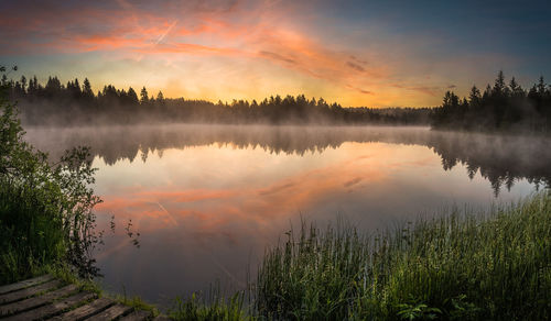 Scenic view of lake against sky during sunset