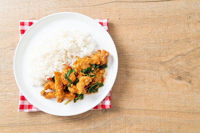 High angle view of food in plate on table