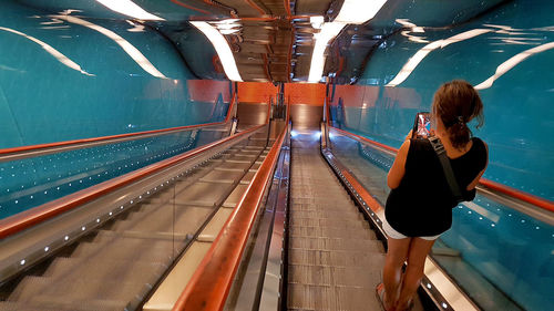 Rear view of woman standing on train