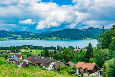 High angle view of houses against sky