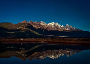 Scenic view of lake and mountains against clear blue sky