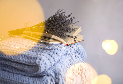 Close-up of open book on snow