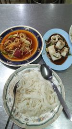 High angle view of meal served on table