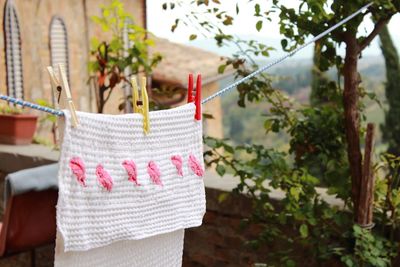 Close-up of towel drying on clothesline