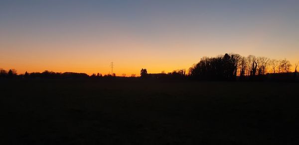 Silhouette trees on field against clear sky during sunset