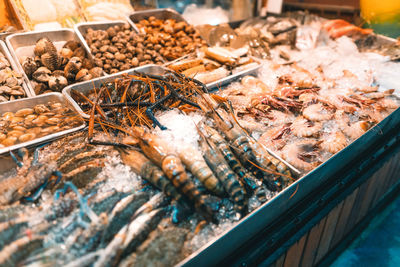 High angle view of meat for sale at market