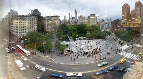 High angle view of people on city street