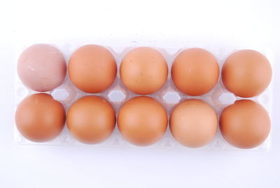 Close-up of eggs on white background