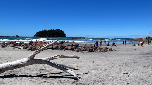 People on beach against clear blue sky