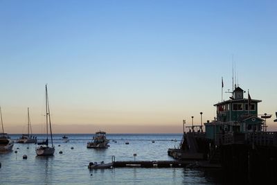 Sailboats in marina at sunset