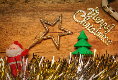 High angle view of christmas decorations on table