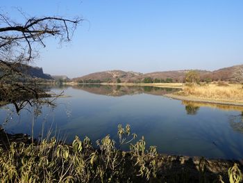 Scenic view of lake against clear sky