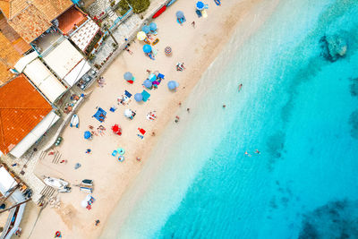 Aerial view of town and beach in lefkada island