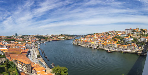 High angle view of river amidst buildings in city against sky