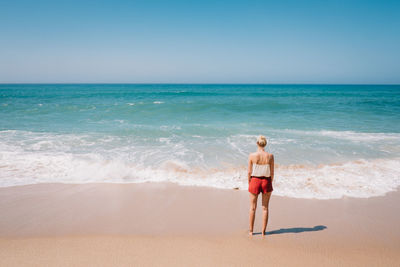 Rear view of woman standing on shore at beach