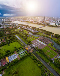 High angle view of buildings in city against sky