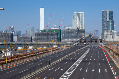 View of city street and modern buildings