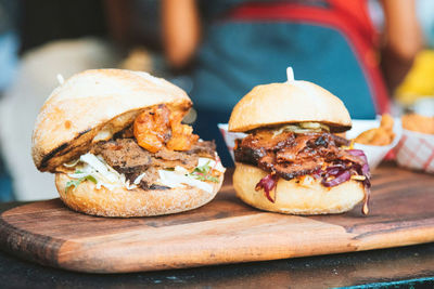 Close-up of burger on cutting board