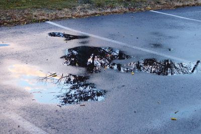 High angle view of puddle on road