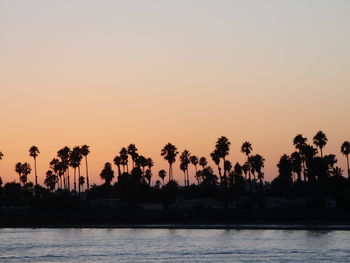 Silhouette palm trees by lake against sky during sunset