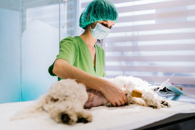 Serious female vet doctor standing at metal table with anesthetized dog and preparing animal for surgery in operating theater of clinic