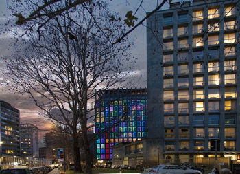 Modern buildings in city at dusk