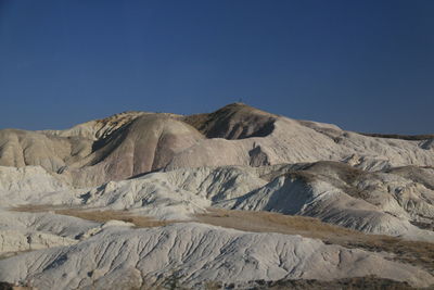 Scenic view of rocky mountains against clear blue sky