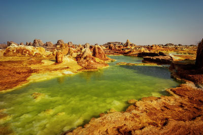 Scenic view of rock formations against clear sky