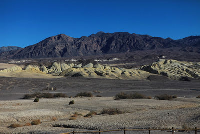 Scenic view of mountains against clear blue sky