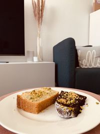 Close-up of dessert in plate on table at home