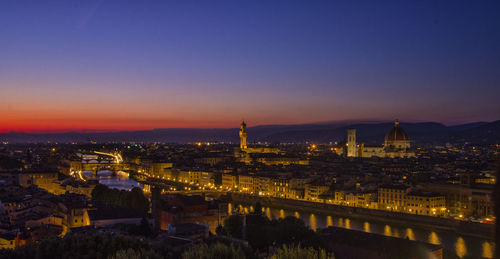 Illuminated buildings against sky at sunset