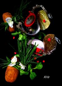 High angle view of food against black background