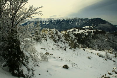 Scenic view of snow covered mountains against sky