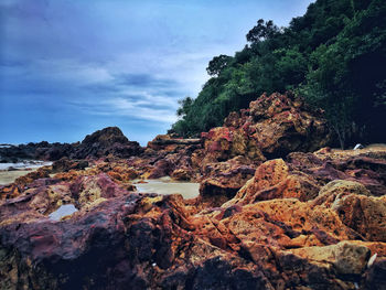 Rock formation by tree against sky