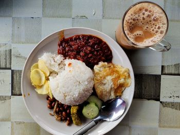 High angle view of food in plate on table