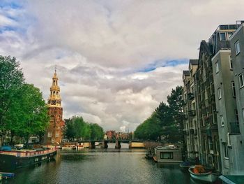 Bridge over river with buildings in background