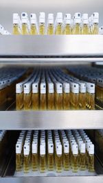 Close-up of wine bottles on table