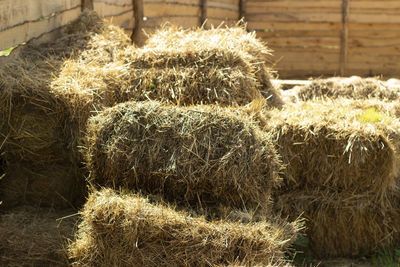 Close-up of hay bales on field