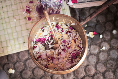 High angle view of food in bowl on table