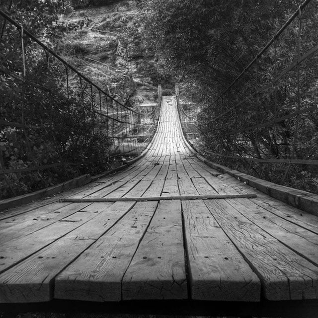 the way forward, tree, diminishing perspective, connection, vanishing point, footbridge, forest, railing, long, wood - material, tranquility, transportation, bridge - man made structure, nature, growth, day, no people, outdoors, boardwalk, railroad track