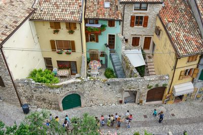 High angle view of people outside house