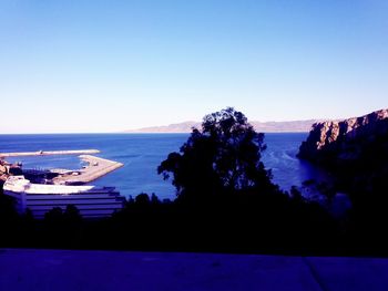 Scenic view of sea against clear blue sky