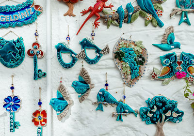 High angle view of multi colored decorations on table