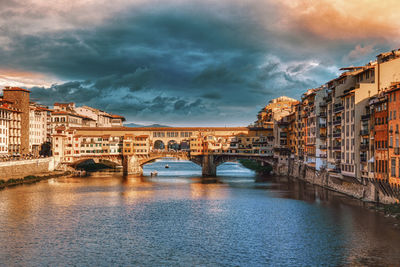 Bridge over river by buildings against sky